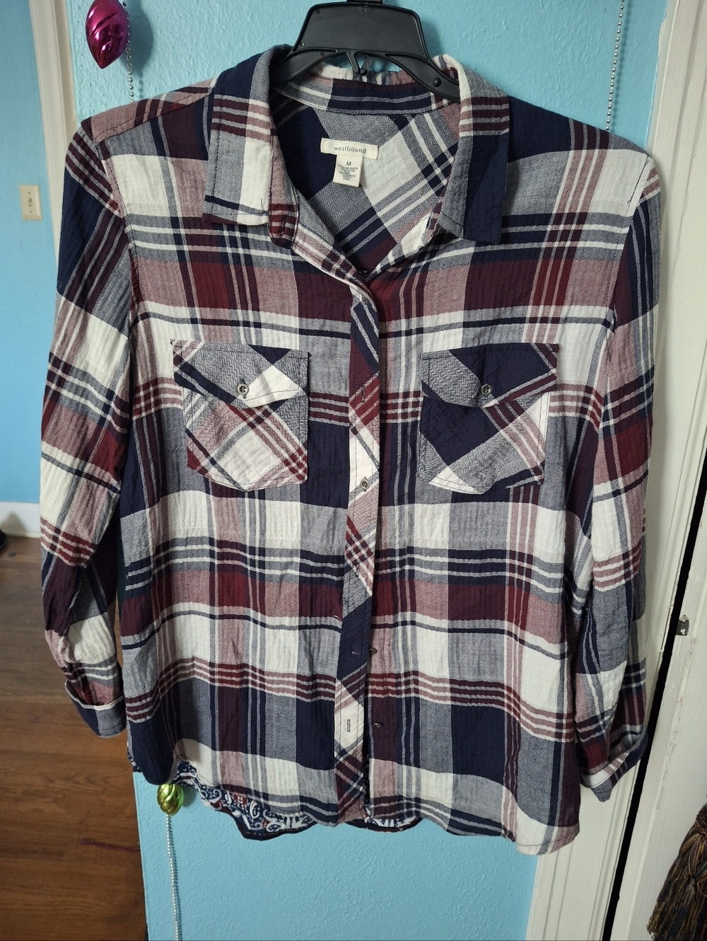 Westbound Women's M BOHO Plaid & Tribal Print Long Sleeve Blouse W Tabs Excellen